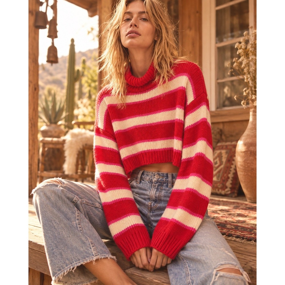 Altar'd State Red Cream Striped Cropped Turtleneck Sweater Womens Medium